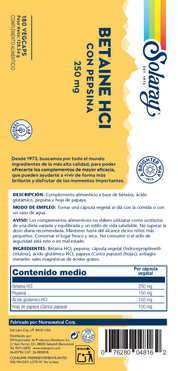 BETAIN HCl CON PEPSINA  - 180 VEGCAPS