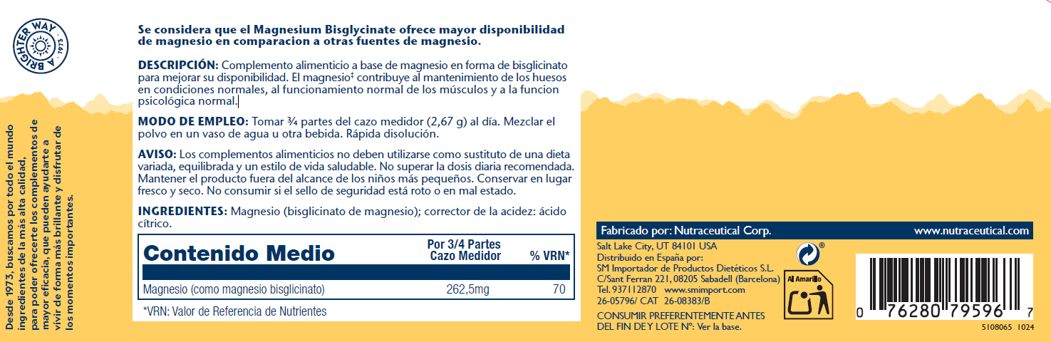 MAGNESIO BISGLYCINATO EN POLVO - 179 GR. (68 DOSIS)
