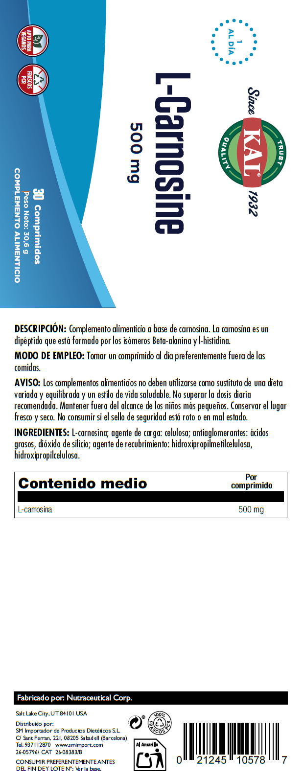 L- CARNOSINE - 30 COMPRIMIDOS