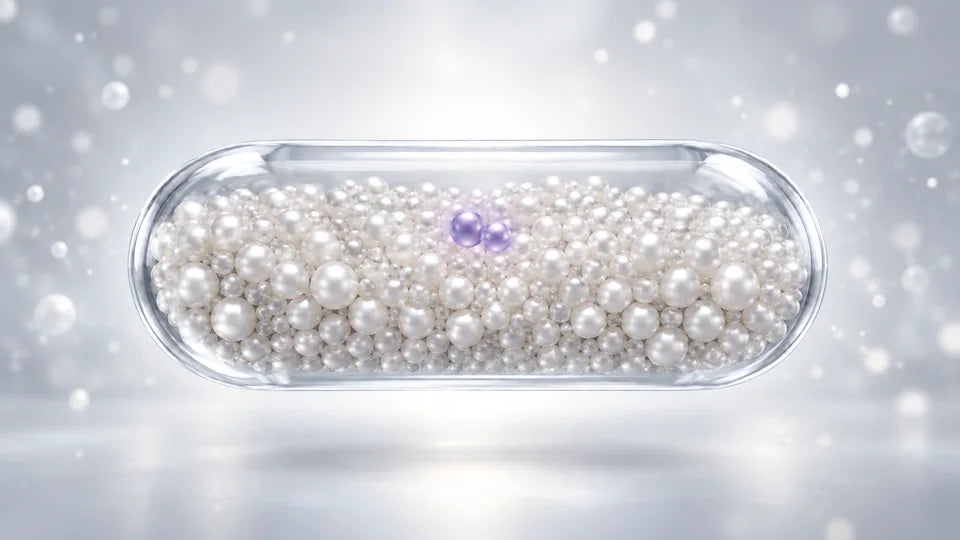 Cápsula transparente llena de perlas blancas de glicina con dos pequeñas perlas moradas de melatonina